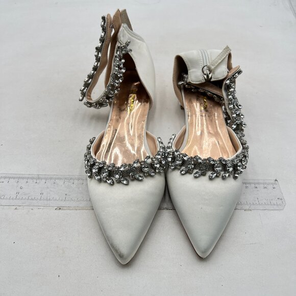 XYD Women Pointed Toe Wedding Flat Sandals Sparkly Rhinestones Ankle Strap White - Picture 3 of 8